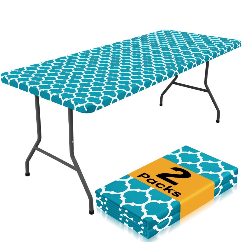 Smiry 2 Pack Rectangle Table Cloth 4 Foot  Waterproof Elastic Fitted Tablecloths  Windproof Washable Polyester Table Cover for Picnic  Camping  Outdoor (Teal  30""x48"") - Image 1